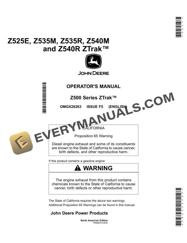 John Deere Z525E, Z535M, Z535R, Z540M, Z540R ZTrak Operator Manual OMGX26263