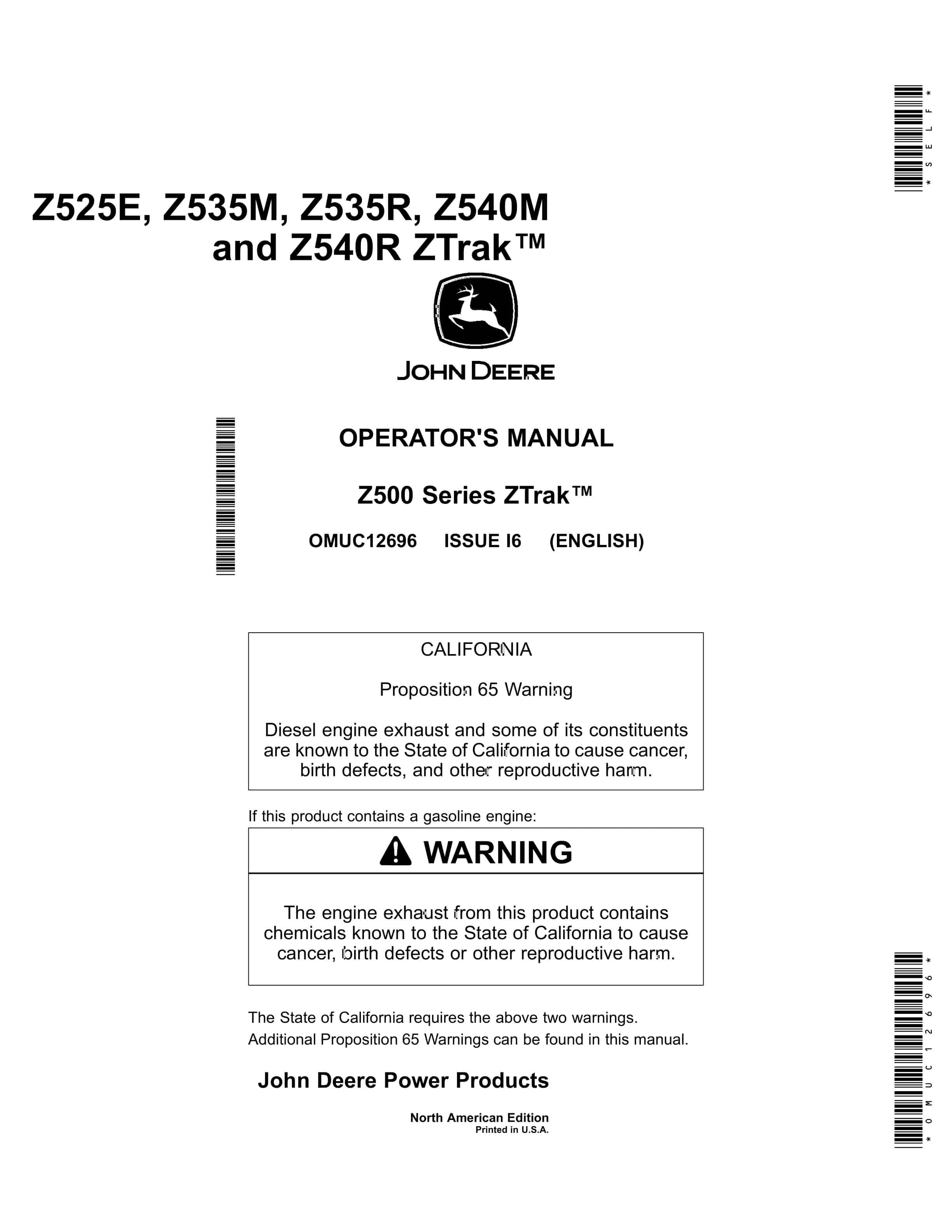 John Deere Z525E Z535M Z535R Z540M and Z540R ZTrak Operator Manual OMUC12696 1