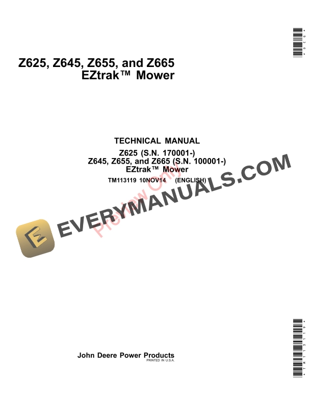 John Deere Z625, Z645, Z655 and Z665 EZtrak Mower Technical Manual TM113119 14SEP16