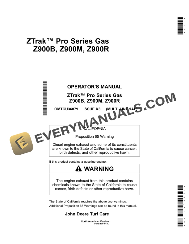 John Deere Z900B Z900M Z900R ZTrak Pro Series Gas Operator Manual OMTCU36879 1