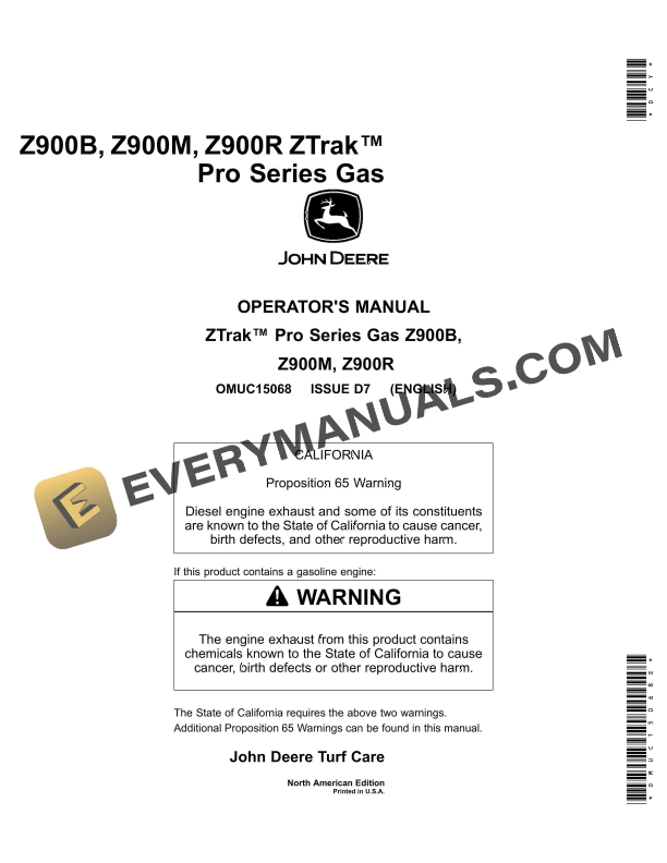 John Deere Z900B, Z900M, Z900R ZTrak Pro Series Gas Operator Manual OMUC15068