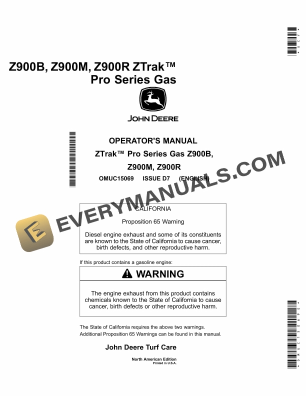 John Deere Z900B, Z900M, Z900R ZTrak Pro Series Gas Operator Manual OMUC15069