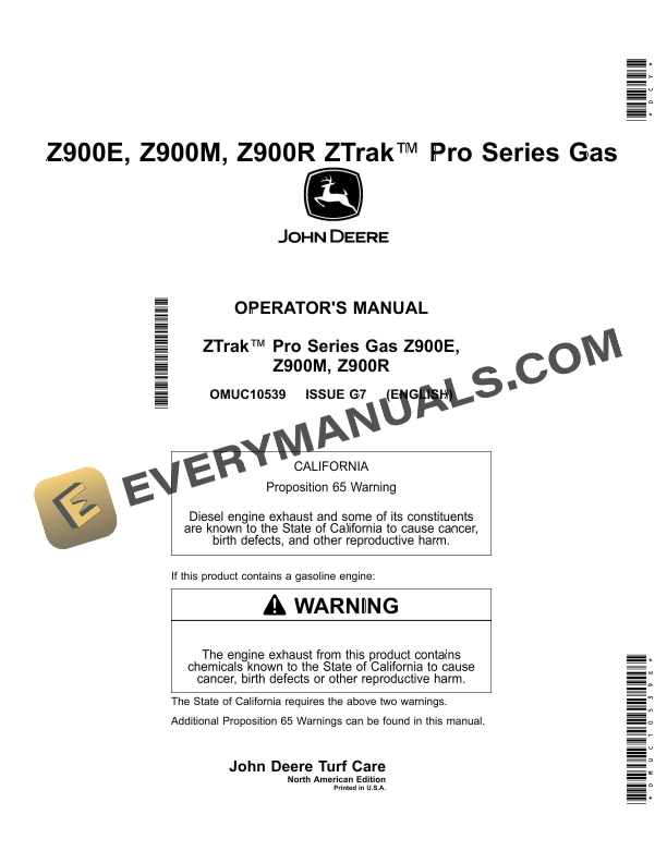 John Deere Z900E, Z900M, Z900R ZTrak Pro Series Gas Operator Manual OMUC10539 2 John Deere Z900E Z900M Z900R ZTrak Pro Series Gas Operator Manual OMUC10539E 1