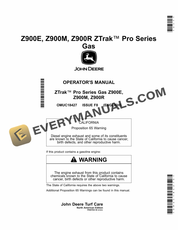 John Deere Z900E, Z900M, Z900R ZTrak Pro Series Gas Operator Manual OMUC18427