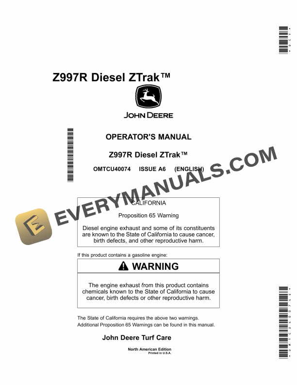 John Deere Z997R Diesel ZTrak Operator Manual OMTCU40074