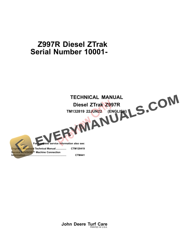 John Deere Z997R Diesel ZTrak Technical Manual TM132819 22JUN22 1