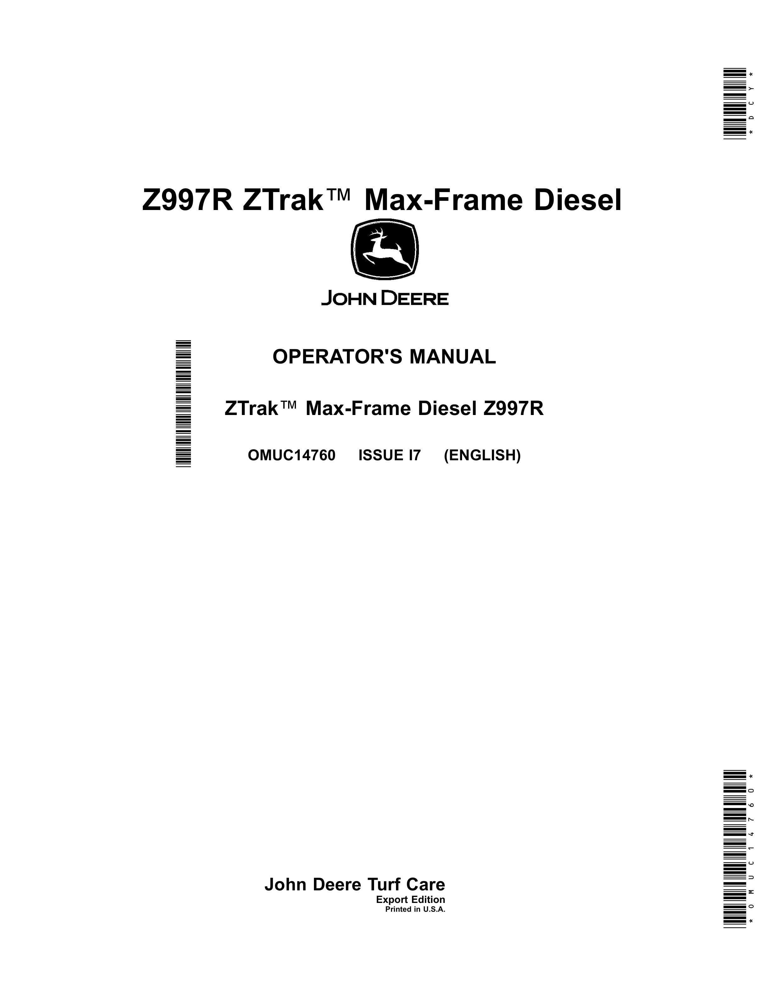 John Deere Z997R ZTrak Max Frame Diesel Operator Manual OMUC14760 1