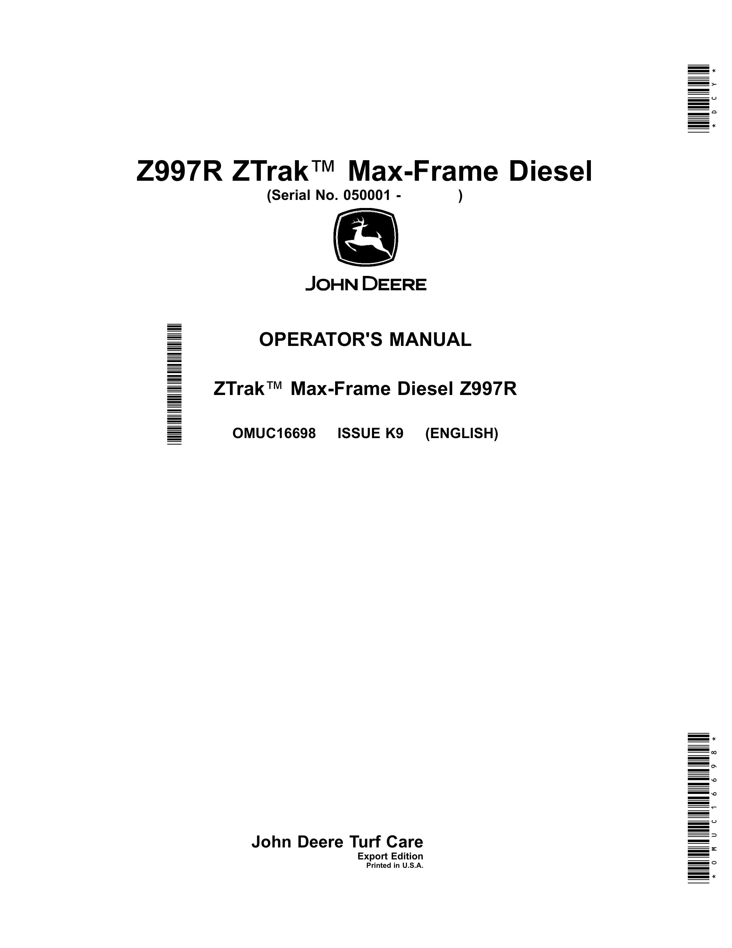 John Deere Z997R ZTrak Max Frame Diesel Operator Manual OMUC16698 1