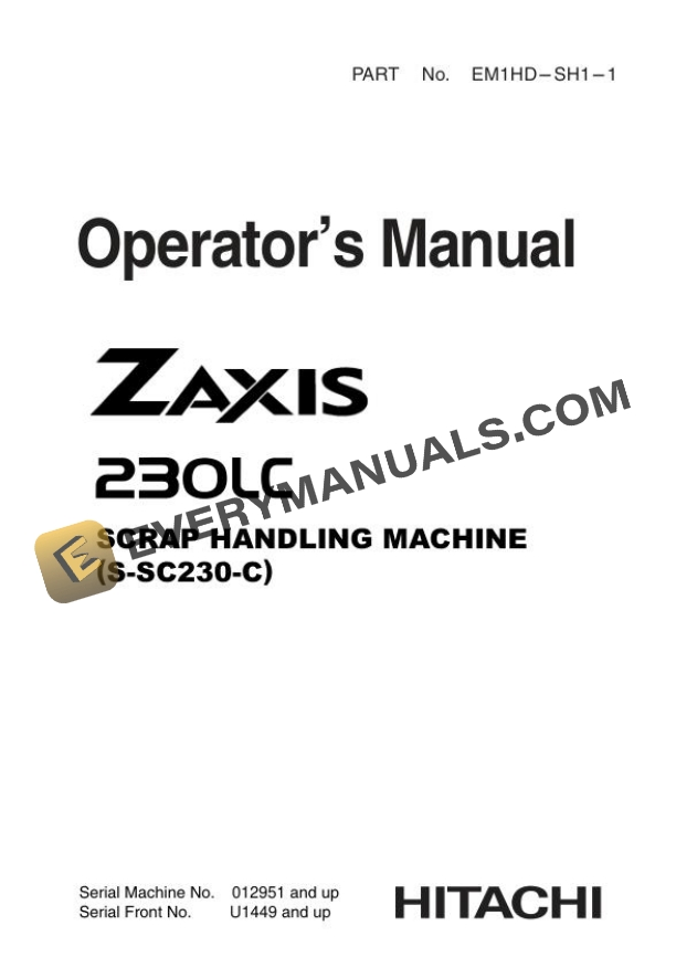 Hitachi Zaxis 230LC Scrap Handling Machine Operator Manual EM1HD-SH1-1