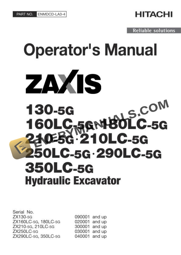Hitachi Zaxis ZX130-5G to 350LC-5G Hydraulic Excavator Operator Manual ENMDCD-LA3-4