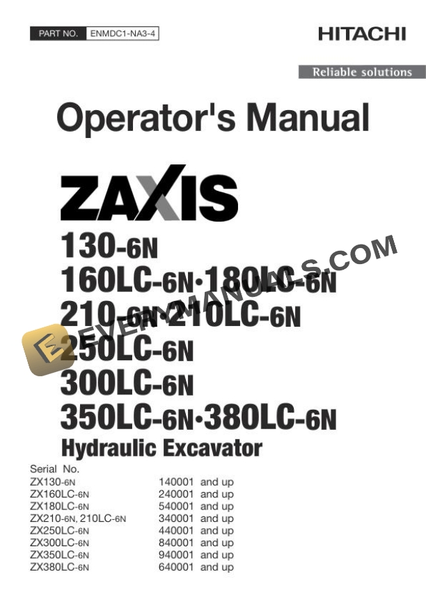 Hitachi Zaxis ZX130-6N to 380LC-6N Hydraulic Excavator Operator Manual ENMDC1-NA3-4