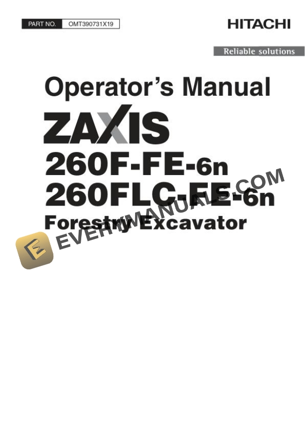 Hitachi Zaxis ZX260F-FE-6n 260FLC-FE-6n Forestry Excavator Operator Manual OMT390731X19
