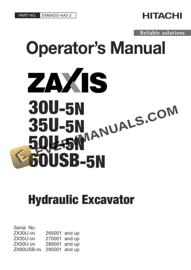 Hitachi Zaxis ZX30U-5N 35U-5N 50U-5N 60USB-5N Hydraulic Excavator Operator Manual ENMADG-NA2-2