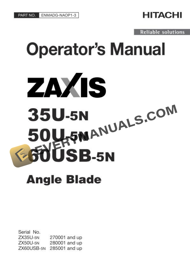 Hitachi Zaxis ZX35U-5N 50U-5N 60USB-5N Angle Blade Operator Manual ENMADG-NAOP1-3