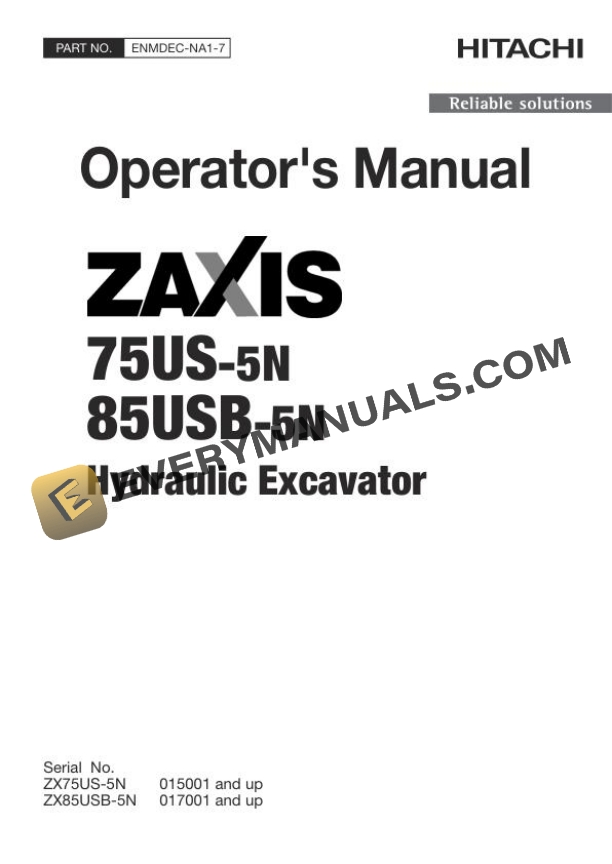 Hitachi Zaxis ZX75US-5N 85USB-5N Hydraulic Excavator Operator Manual ENMDEC-NA1-7
