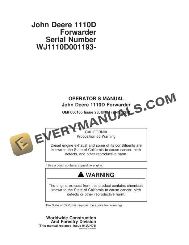 John Deere 1110D Forwarder Operator Manual OMF066165