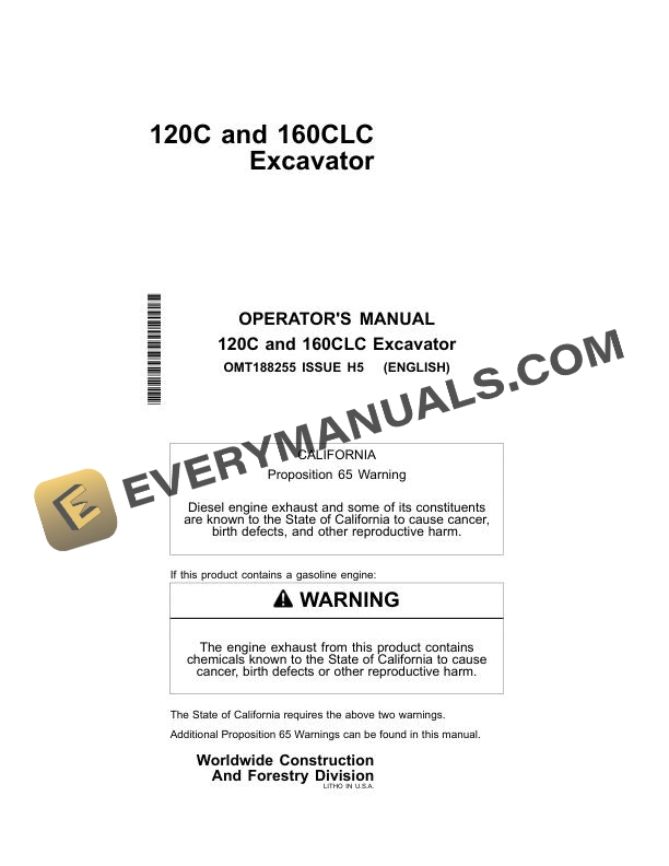John Deere 120C, 160CLC Excavator Operator Manual OMT188255