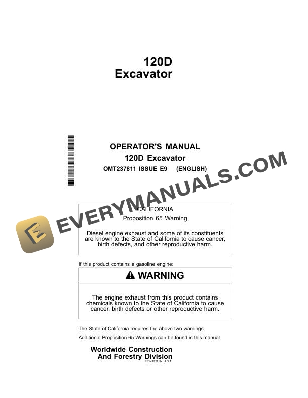 John Deere 120D Excavator Operator Manual OMT237811