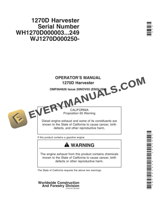 John Deere 1270D Harvester Operator Manual OMF064626