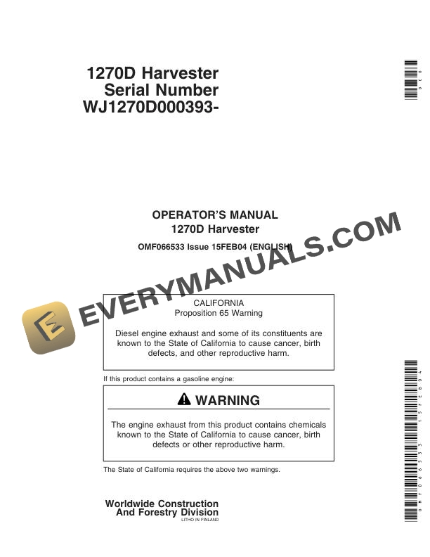 John Deere 1270D Harvester Operator Manual OMF066533