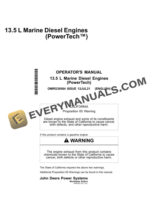 John Deere 13.5L Marine Diesel Engine (PowerTech) Operator Manual OMRG39584