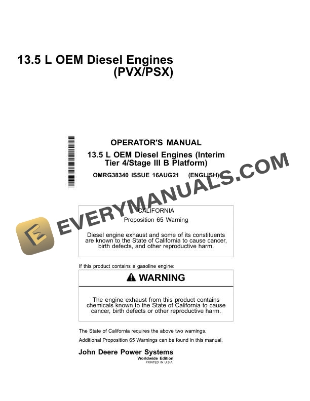 John Deere 13.5L OEM Diesel Engine (PVX, PSX) (Interim Tier 4 Stage III B Platform) Operator Manual OMRG38340