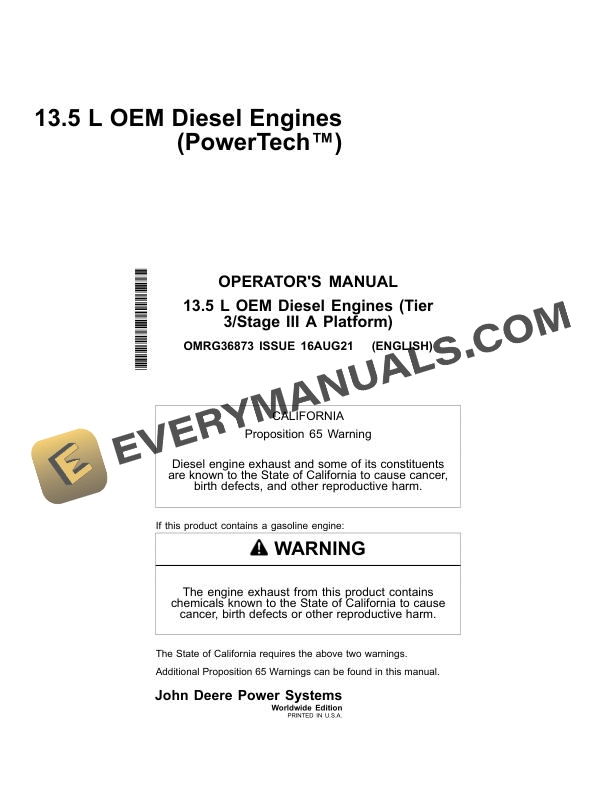 John Deere 13.5L OEM Diesel Engine (Tier 3 Stage III A Platform) Operator Manual OMRG36873