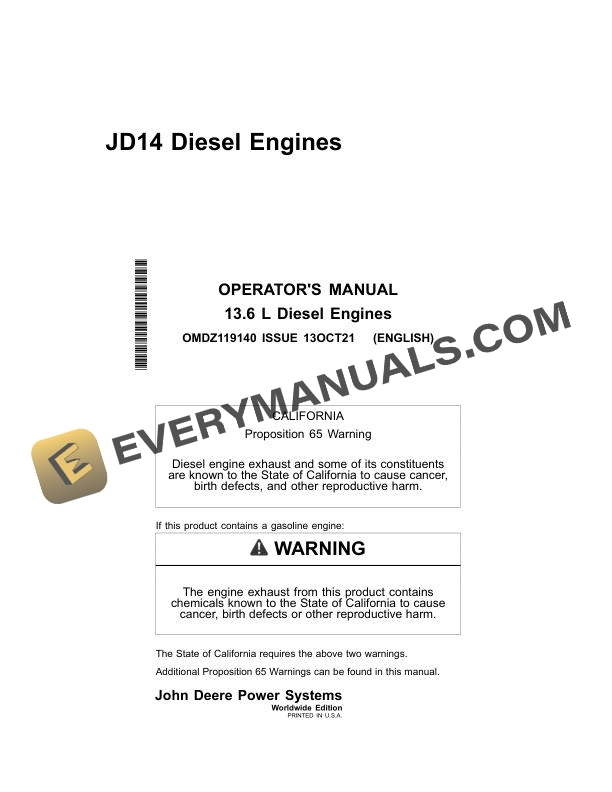 John Deere 13.6L Diesel Engine Operator Manual OMDZ119140