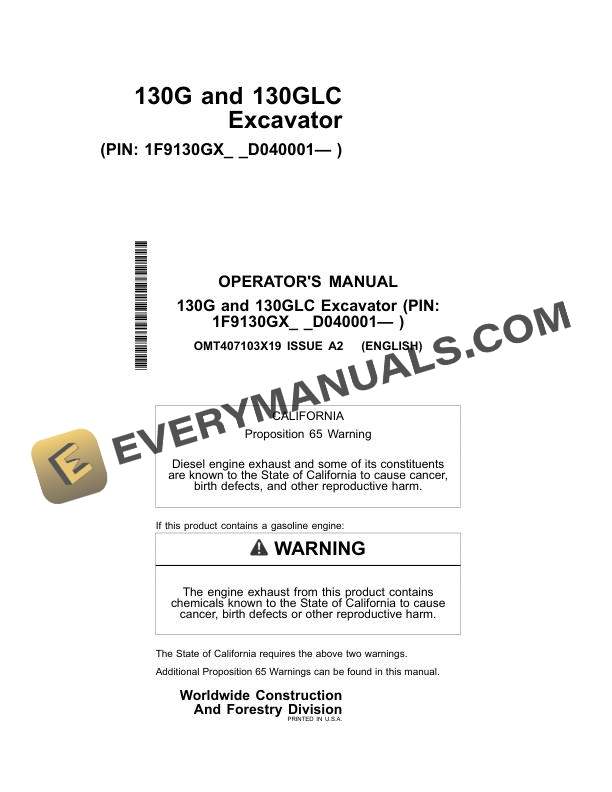 John Deere 130G, 130GLC Excavator Operator Manual OMT407103X19