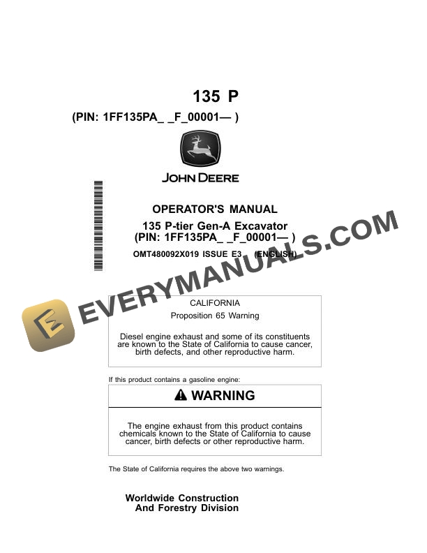 John Deere 135 P-tier Gen-A Excavator Operator Manual OMT480092X019