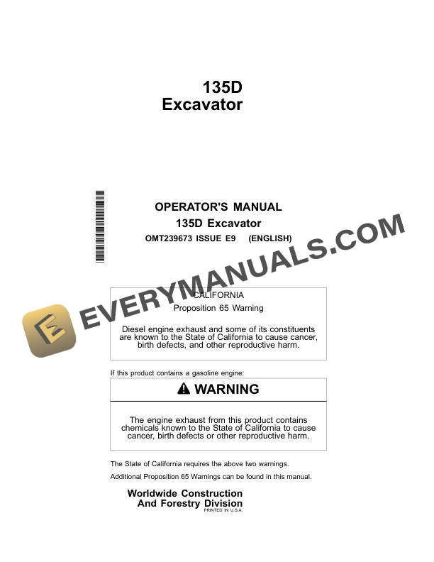 John Deere 135D Excavator Operator Manual OMT239673