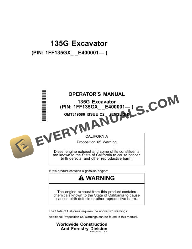 John Deere 135G Excavator Operator Manual OMT319586