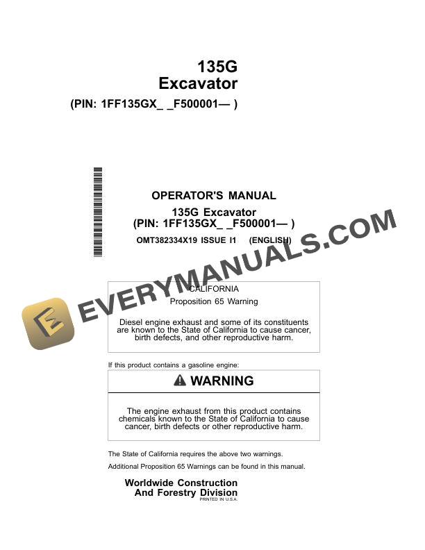 John Deere 135G Excavator Operator Manual OMT382334X19