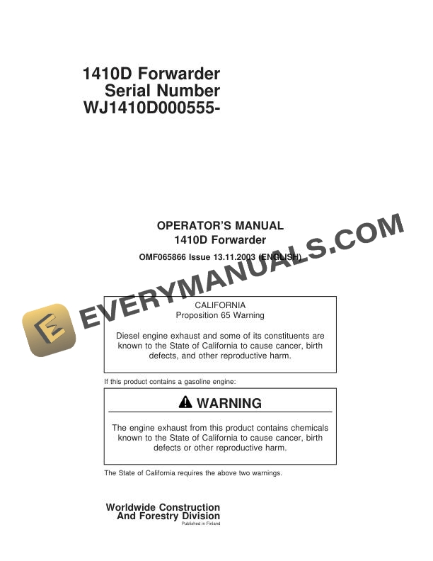 John Deere 1410D Forwarder Operator Manual OMF065866