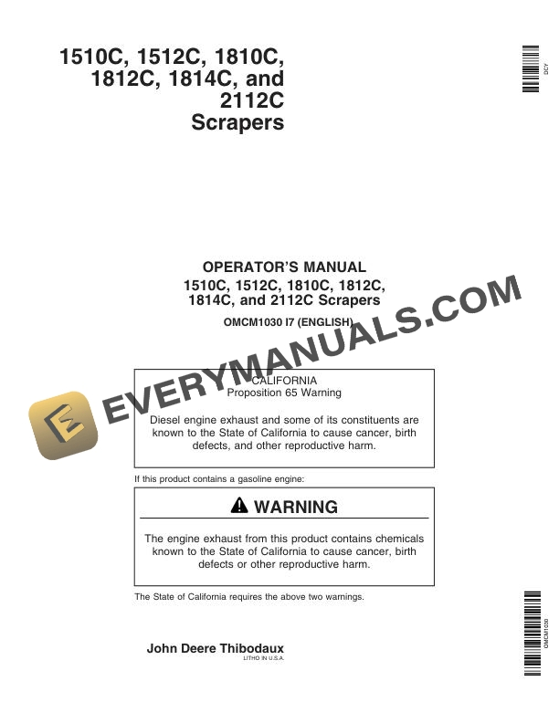 John Deere 1510C, 1512C, 1810C, 1812C, 1814C, 2112C Scraper Operator Manual OMCM1030