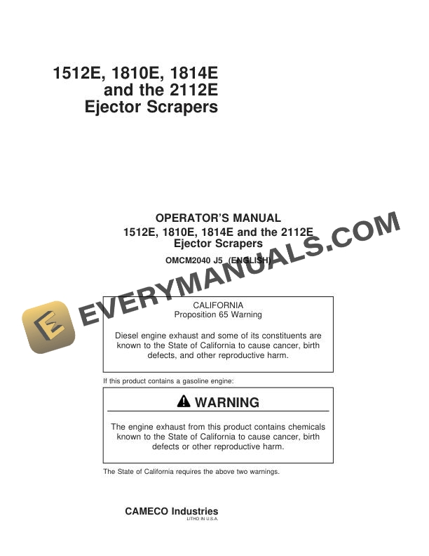 John Deere 1512E, 1810E, 1814E, 2112E Ejector Scraper Operator Manual OMCM2040