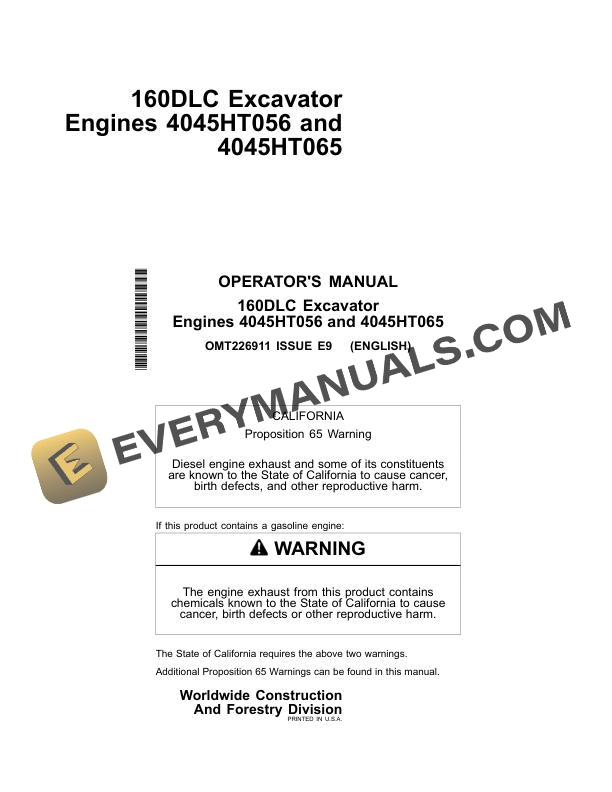 John Deere 160DLC Excavator Engine 4045HT056, 4045HT065 Operator Manual OMT226911