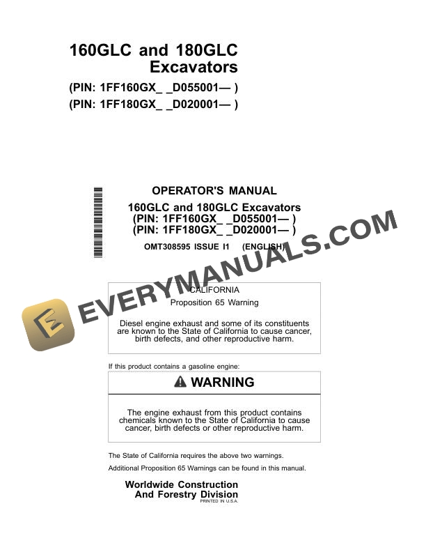 John Deere 160GLC, 180GLC Excavator Operator Manual OMT308595