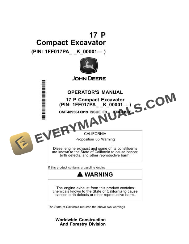 John Deere 17 P Compact Excavator Operator Manual OMT489504X019
