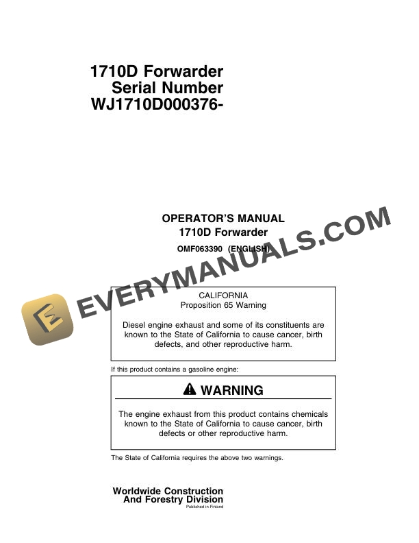 John Deere 1710D Forwarder Operator Manual OMF063390