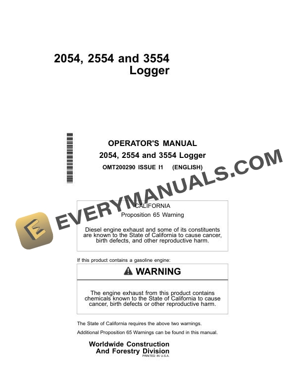 John Deere 2054, 2554, 3554 Logger Operator Manual OMT200290