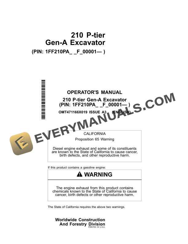John Deere 210 P-tier Gen-A Excavator Operator Manual OMT471166X019