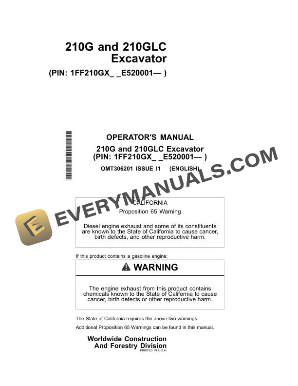 John Deere 210G, 210GLC Excavator Operator Manual OMT306201