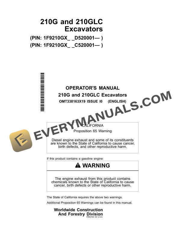 John Deere 210G, 210GLC Excavator Operator Manual OMT338163X19