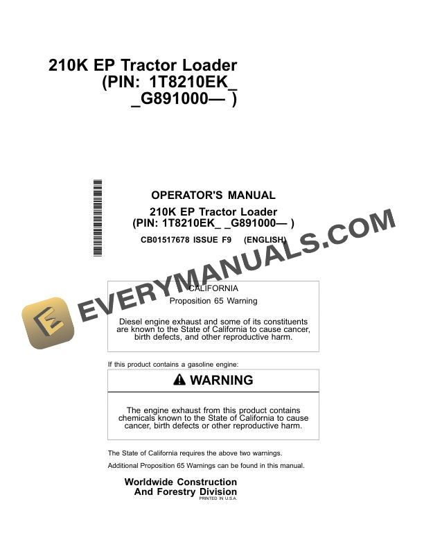 John Deere 210K EP Tractor Loader Operator Manual CB01517678