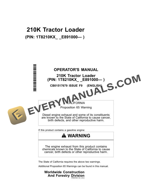 John Deere 210K Tractor Loader Operator Manual CB01517679