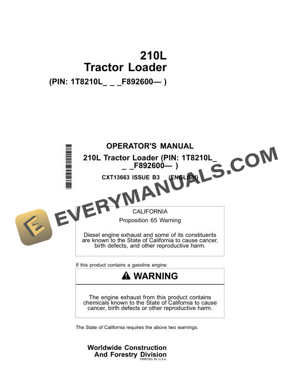 John Deere 210L Tractor Loader Operator Manual CXT13663