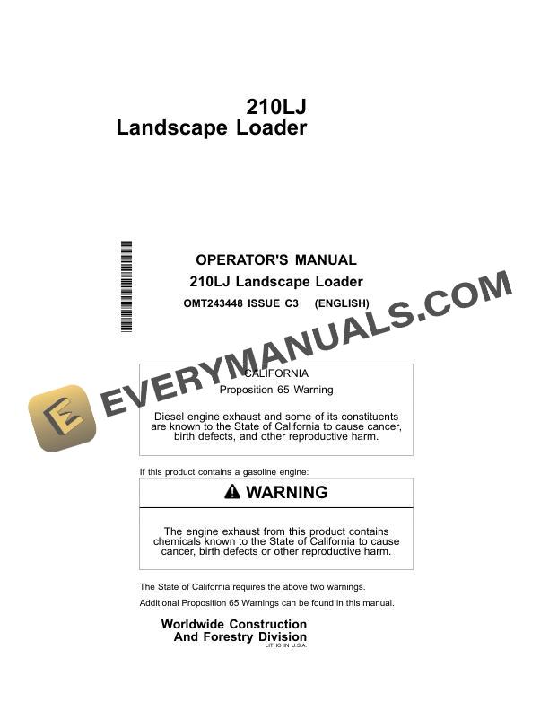 John Deere 210LJ Landscape Loader Operator Manual OMT243448