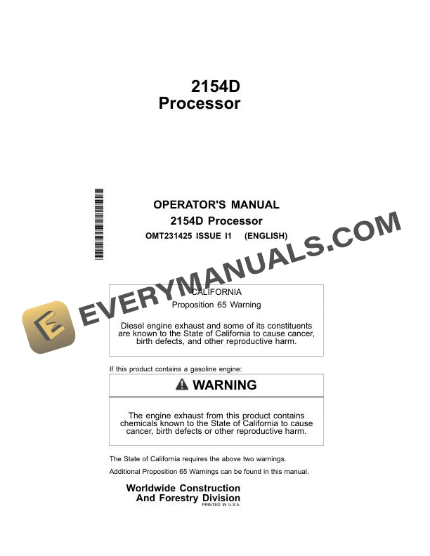 John Deere 2154D Processor Operator Manual OMT231425