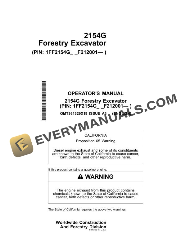 John Deere 2154G Forestry Excavator Operator Manual OMT361329X19
